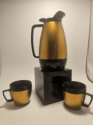 Retro Thermo-Serv Gold Bronze MCM Coffee Carafe Insulated VTG West Bend Pitcher And Two Cups