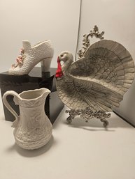 Porcelain Boot, Small Bisque Vase And Turkey Plate