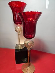 Two Decorative Red Glass Long Stemware Glasses