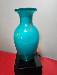 Aqua Blue Blown Glass Vase With Goldstone Accents