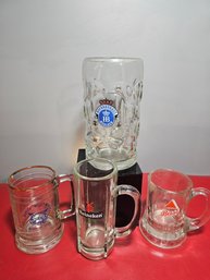 3 Clear Glass Beer Steins, One Is A Huge Octoberfest