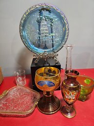 Misc Glass Lot, Carnival Plate, Bohemia, Etched Glass Vase...