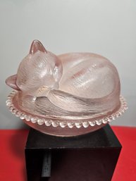 Indiana Glass Light Pink Kitten Sleeping In A Nest, A Rare Find