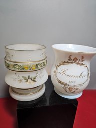 Two Vintage Hand Painted Decorated Milk Glass Vases