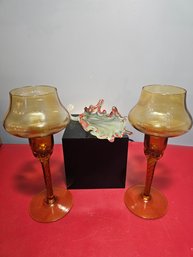 Two Depression Glass Glasses And A  Blown Art Glass Flower