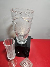 Heavily Etched Crystal Vase And Crystal Tall Glass