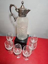 Crystal Carafe Pitcher Silverplated And 6 Crystal Glasses