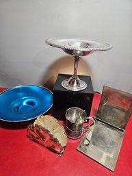 Another Large Collection Of Unique Silverplate Objects, One Is Blue Enamel. One Is An Antique Carved Cup