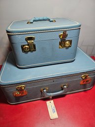 Two Vintage Blue Suitcases, Beautiful. Keys Are Missing.