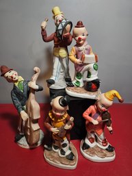 Collection Of Five Musical Clowns, Vintage Bisque Porcelsin From Japan