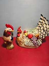 Two Ceramic Chickrn. Rooster And Large Chicken