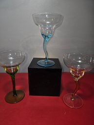 Three Art Glass Wine Or Martini Glasses