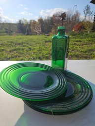 4 Olive Green Plates And Green Olive Oil Bottle