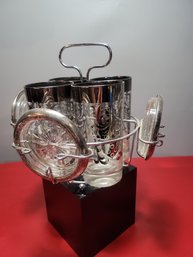 MCM Vintage Glasses Silver Rim Set Caddy Coasters Barware Guardian Knight