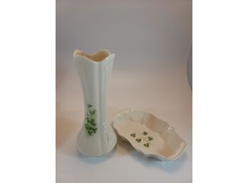 Vintage Donegal Ireland Parian China Vase Shamrocks And Trinket Dish Clover