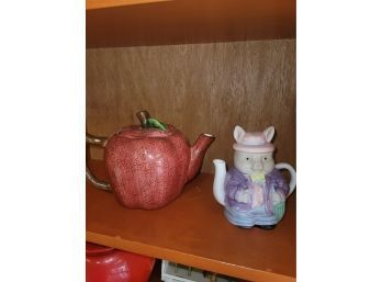 Cute Majolica Collectible Tea Pots, Ceramic, Vintage, Bunny And Apple