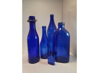 RETRO COLBALT BLUE DECORATIVE BOTTLES SET OF 4 - One Is Antique Phillips