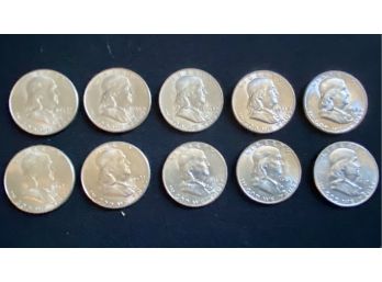 Ten Uncirculated Franklin Silver Half Dollars