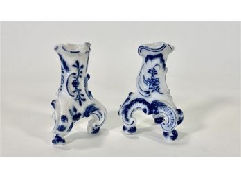 Pair Of Antique Meissen Blue Onion Pattern Miniature Candlestick Holders