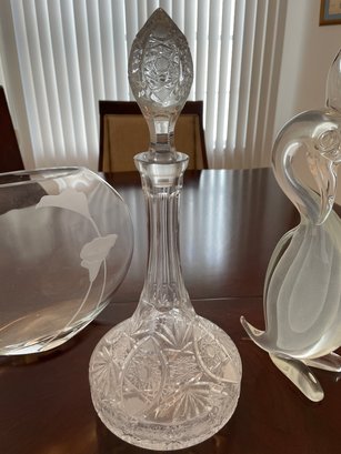 Lot Of Glass And Crystal Items: 12'w Mikasa Vase, 17'tall Cut Crystal Decanter, And 16 Inch High Blown Gla