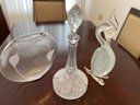 Lot Of Glass And Crystal Items: 12'w Mikasa Vase, 17'tall Cut Crystal Decanter, And 16 Inch High Blown Gla