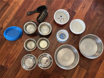 Large Lot Of Pet Bowls And Stands. Large And Small, Brushes,