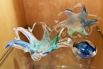 Vintage Murano Glass: 2 SeaStar Flower Shape Art Glass Dishes, 1 Paperweight, Murano Italy