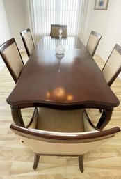 Stunning 73'long Modern Mahogany Dining Table Set, W Leaf And 6 Upholstered Chairs (2 Armchairs),
