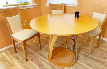 Midcentury Modern Yellow Birch Round/Oval Kitchen Table: Wood And Chrome. Leaf Has Some Marks. 3 Chairs W Wear