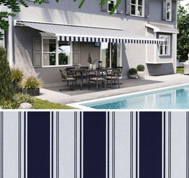 NEW 8' SunSetter MOTORIZED Awning, Navy (stripe) 7' Projection, Left Hand Wall Mount, 2023 W 5 Year Warranty