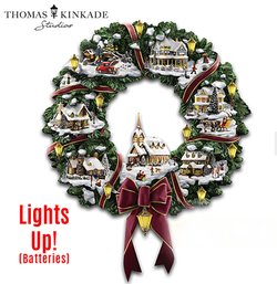 Pair: The Hamilton Collection Thomas Kinkade Illuminated Victorian 'Christmas Village' Wreath