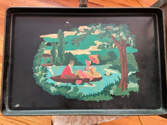 Vintage HAnd Painted Black Metal Serving Tray  Possibly Paint By Numbers 12x18