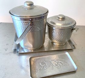 Vintage Hammered Aluminum Service Set: Fruit Embossed Tray, Ice Bucket & Wine Chiller, Engraved Tray