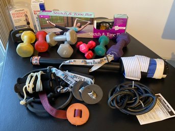 Lot Of Fitness Equipment: Dumbbells, Thera-bands, Resistance Tubing, Heavy Bar Pilates Bands Accessory Kits