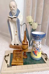 Judaica: Miriam's Cup, Spice Older And Havdalah Candle Holder, Wooden Tray, Small Decorative Flowers
