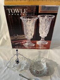 Crystal Hurricane Lamps, 2 Glass And Stainless Serving Dishes, Brand New In Boxes