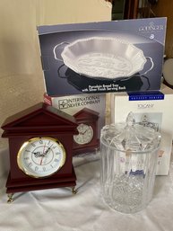 NEW In Boxes Cherry Mantel Clock, Crystal Cookie Jar, Porcelain Bread Basket W Silvertone Rack