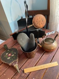 Fireplace Accessories, Hand-painted Bellows, Copper Bed Warmer, Hammered Copper Kettle, Sm Ash Bucket