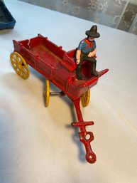 Antique Cast Iron Two Horse Drawn Dark Blue Conestoga Covered Wagon Toy