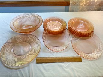 Federal Glass Pink Spiral, Vintage Forte Crisa Pink Glass Swirl Dinnerware: 8 Bowls, 8 Plates, Mexico