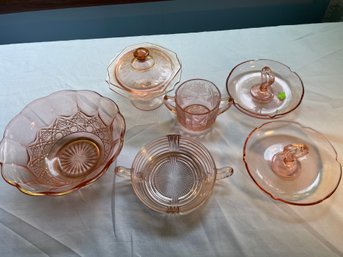 Pink Depression Glass Bowl, Covered Candy Dish, 2 Ashtrays W Heart