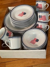 American Flag 8 Pc Dinner Set: Dinner Plate, Salad, Plate, Bowls, And Mugs Patriotic