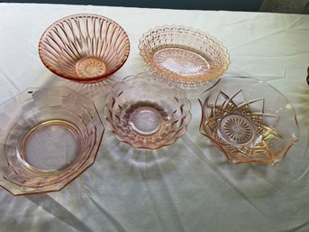 Lot Of 5 Vintage Pink Depression Glass Bowls, Assorted Sizes