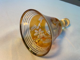 Hand Blown Etched Iridescent Glass Hand Bell Gold Trim