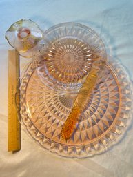 Vintage Carnivalware Glass Cake Platters: 9 Inch And 13 , Etched Candlestick Holder With Gold