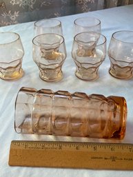 1970s Vintage Luminarc Rosalin Diamond Pink Glass Vase Or Candle Holder, 6 Matching Drinking Glasses