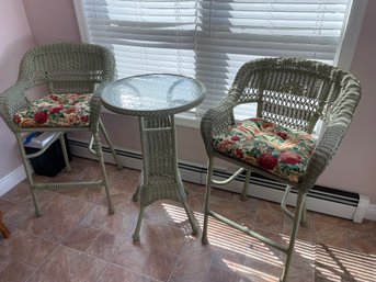 Indoor Outdoor Patio Bistro Set 2 High Wicker Chairs And High Glass Table Moss Green