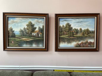 Set Of 2 Paintings: 30w X 25h Diptych Of Lakeside Cottages W Swans, Signed By Artist