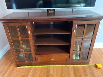 TV Stand 53w X 20d X 36h Cherry Finish, 2 Glass-front Cabinets, Bottom Storage Drawer