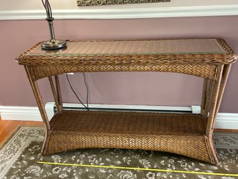 Entranceway Console Table Of Dark Wicker Rattan, Glass Top 47w X 17.5d X 29 H